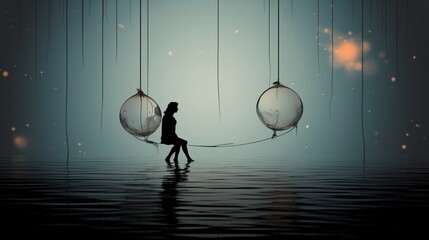 In a bubble hanging from a rope, a silhouette of a romantic couple is framed against a red and gold backdrop, offering space for text and adorned with a bokeh effect. - Generative AI - obrazy, fototapety, plakaty