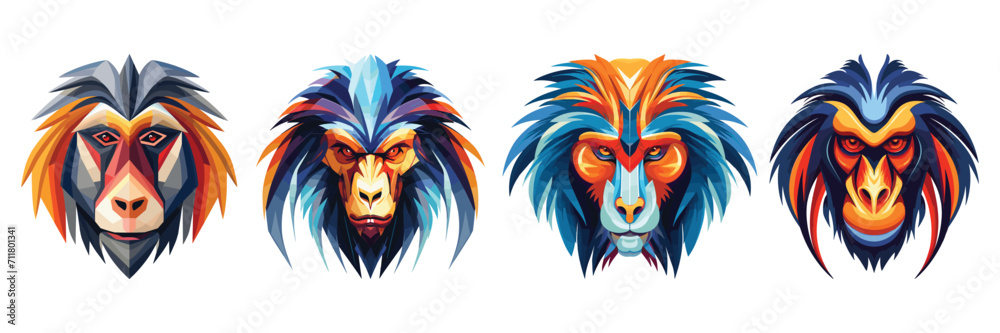 Wall mural Set of Mandrill Mosaic: A vibrant quartet of mandrill portraits, rendered in a striking geometric style, celebrates the beauty and diversity of the natural world, isolated on white background