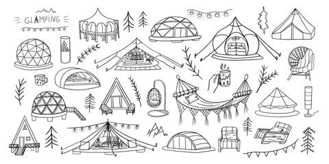 Big set of glamping elements in doodle style. Glamour camping. Capsule rooms in the mountains, wigwams, glass yurts, bubble rooms. Luxury Campsites. Travel design. Adventure. Hand drawn  © Natalia