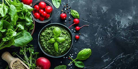 Radish leaf pesto with additional ingredients, blank area for text.