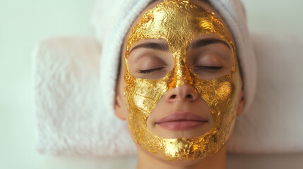 Woman relaxing with a luxurious gold facial mask at a day spa