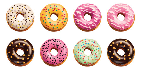 Fototapeta premium Set of donut cake, doughnut desserts with chocolate cream icing and sprinkles, bakery sweet pastry food, cafe menu, top view, vector illustration isolated on white background