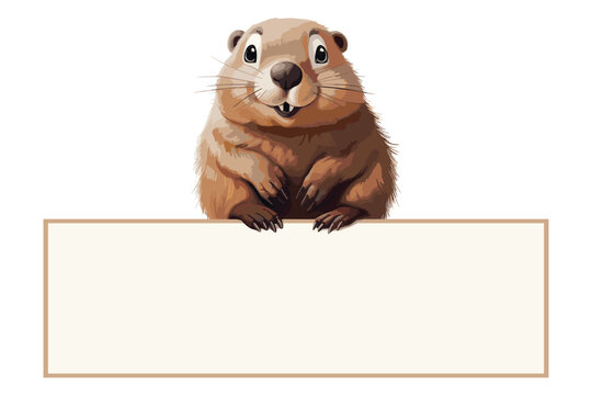 Cute groundhog cartoon holding blank sign, animal, poster, card, vector illustration isolated on white background