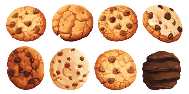 Set of cookies, raisin, chocolate chip, sugar, snickerdoodle, fudge, peanut butter, candy, menu, top view, vector illustration isolated on white background
