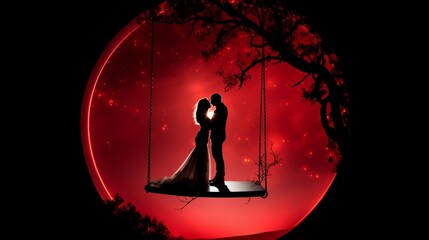 A romantic couple silhout in a bubble hanging from the rope, space for text , red and gold background , bokeh effect - Generative AI