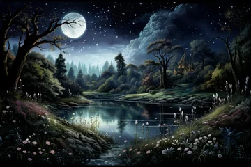 Fotobehang Tranquil moonlit ponds, reflecting the serenity of the night sky - Generative AI © Sidewaypics