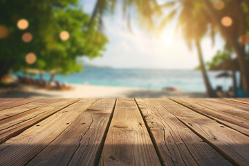 Empty Wooden table top with blurred tropical beach landscape and summer sky for display or montage your products presentation.
