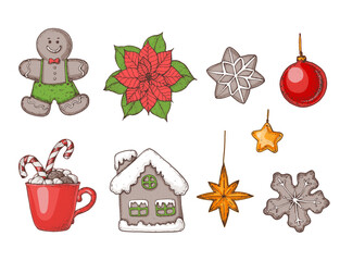 Christmas hand drawn elements for xmas design. Collection with toys, mistletoe, balls, gingerbread man, hot drink . Vintage Xmas design set. Linear graphic. New year vector illustration