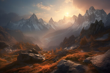 Majestic mountain peaks at foggy sunrise