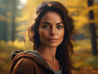 Obraz premium Close up portrait of beautiful woman in nature. Concept of forests, green planet, sustainability, ecosystem, fresh air, environment, earth day and nature
