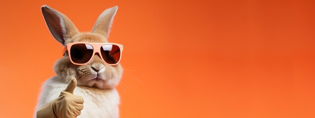 Funny easter animal pet - Easter bunny rabbit with sunglasses, giving thumb up, isolated on orange background - obrazy, fototapety, plakaty