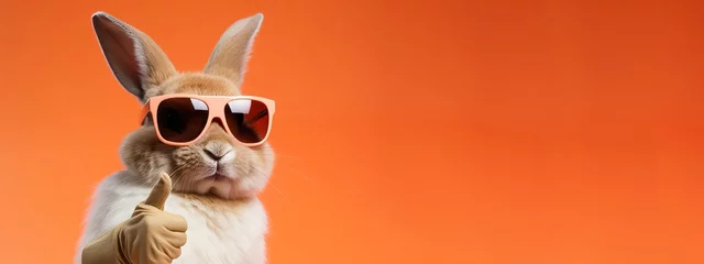 Fotobehang Funny easter animal pet - Easter bunny rabbit with sunglasses, giving thumb up, isolated on orange background © Corri Seizinger