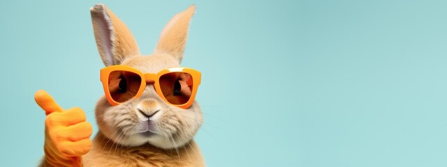 Funny easter animal pet - Easter bunny rabbit with sunglasses, giving thumb up, isolated on blue background - obrazy, fototapety, plakaty