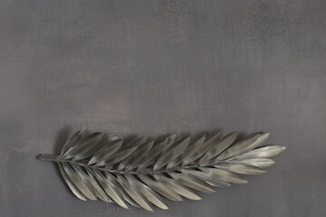 Silver palm leaf on grey backgroun. Ash Wednesday concept.

