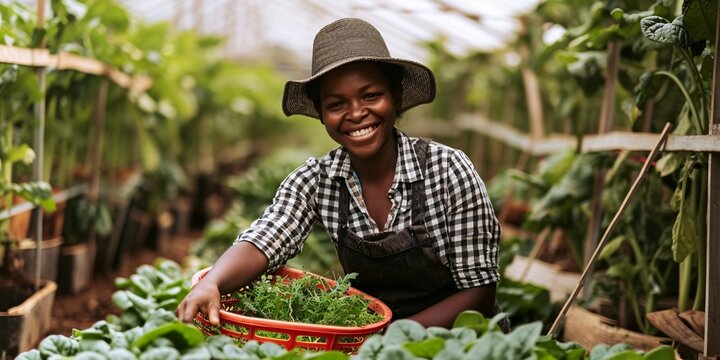 A woman cultivating produce in a greenhouse for sustainable agriculture, with a basket of eco-friendly products, as a content African farmer for a non-profit organization or food sustainability.