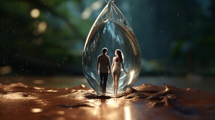  romantic couple silhout view inside a water droplet - Generative AI
