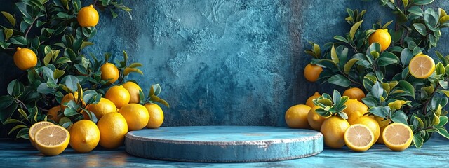 Background lemon podium product fruit platform cosmetic scene display citrus yellow. Podium lemon vitamin stand background pedestal presentation food stage summer juice c beauty dry natural wood drink - obrazy, fototapety, plakaty