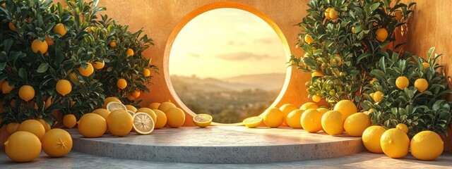 Background lemon podium product fruit platform cosmetic scene display citrus yellow. Podium lemon...