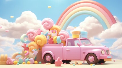 Colorful pastel candy landscape. pink castle or palace in the land of sweets and car. road among sweets and lollipops - obrazy, fototapety, plakaty