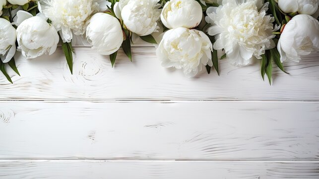 romantic tableau. Picture a feminine wedding table composition featuring white peonies flowers on an old white wooden background.