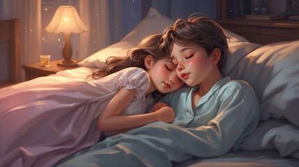 illustration of siblings sleeping together - obrazy, fototapety, plakaty