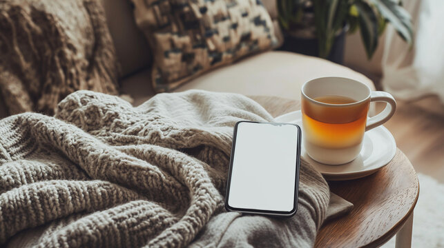 Laptop und Smartphone sowie eine Tasse Tee im Home-Office Pausenbereich auf Arbeit mit Wohlfühlatmosphäre Generative AI