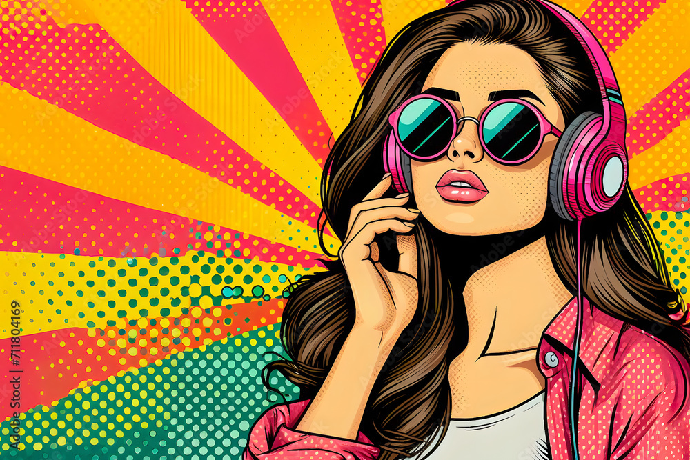 Wall mural person with headphones, pop art or comic image with bright colors and bold lines.