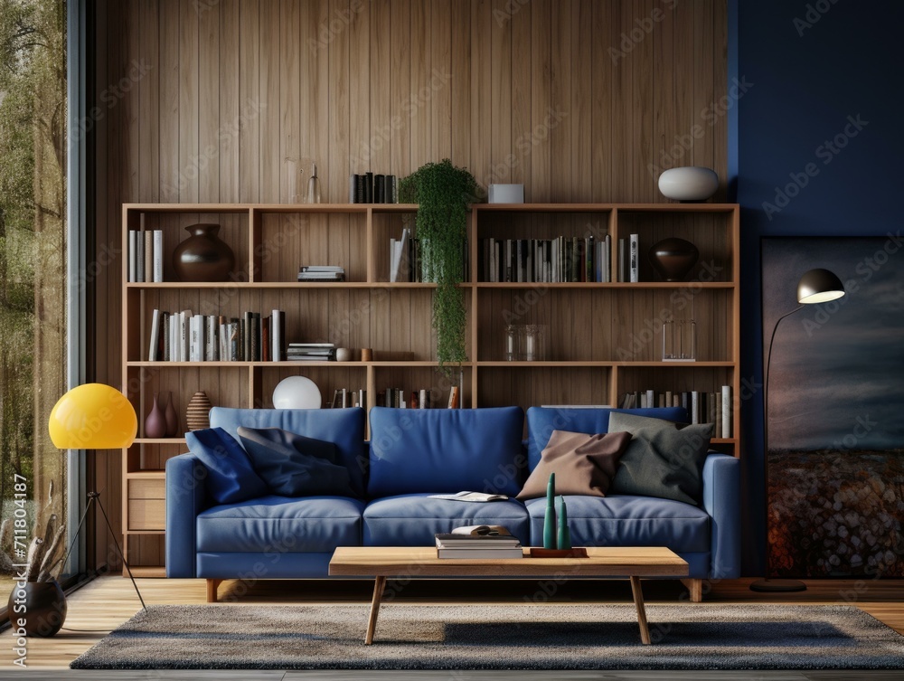 Canvas Prints A modern living room with a blue sofa and bookshelf. Generative AI.