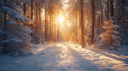 Frozen Wilderness, Wide Shot of a Snow-Covered Forest, Sun Peeking Through Icy Trees, Silence and Stillness of Nature in Extreme Cold.