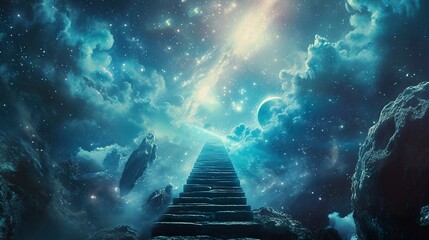A fantasy illustration of a magical staircase of comets towards infinity. Staircase leading to a celestial portal in the infinite space of the cosmos. - obrazy, fototapety, plakaty