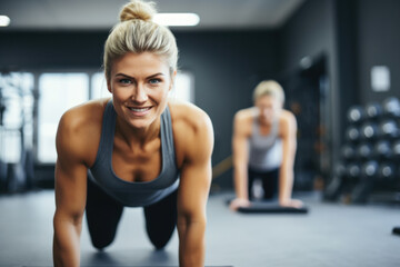 Fototapeta na wymiar Athletic woman doing plank in gym.