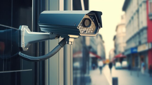 CCTV security camera on office building background.
