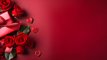 Happy valentines, 3D abstract wallpaper red and white hearts and red rose flower with dark background and copy space - Powered by Adobe