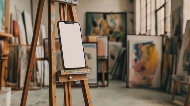 Ein &uuml;berdimensional gro&szlig;es Smartphone steht auf einer Steffelei bei einem Maler und K&uuml;nstler im Atelier als Zeichen der Kreativit&auml;t und der k&uuml;nstlerischen Freiheit Generative AI