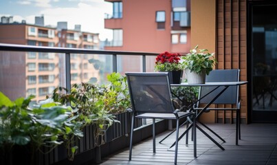 Fototapeta na wymiar Spacious balcony of an apartment with flowers in pots.