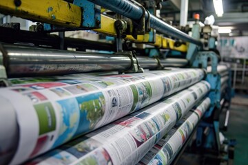 Machine printing colored newspaper at factory - obrazy, fototapety, plakaty