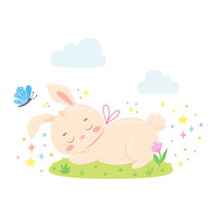 Cute sleeping bunny on spring meadow with flower and butterfly. Funny hand-drawn rabbit character for greeting cards, stickers, posters, invitations and nursery room decor. Happy Easter concept