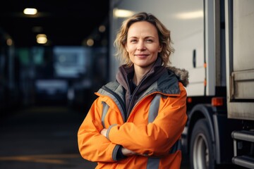 Middle aged woman in high visibility jacket with trucks in background - obrazy, fototapety, plakaty
