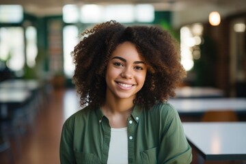 Smiling portrait of a young female student - obrazy, fototapety, plakaty