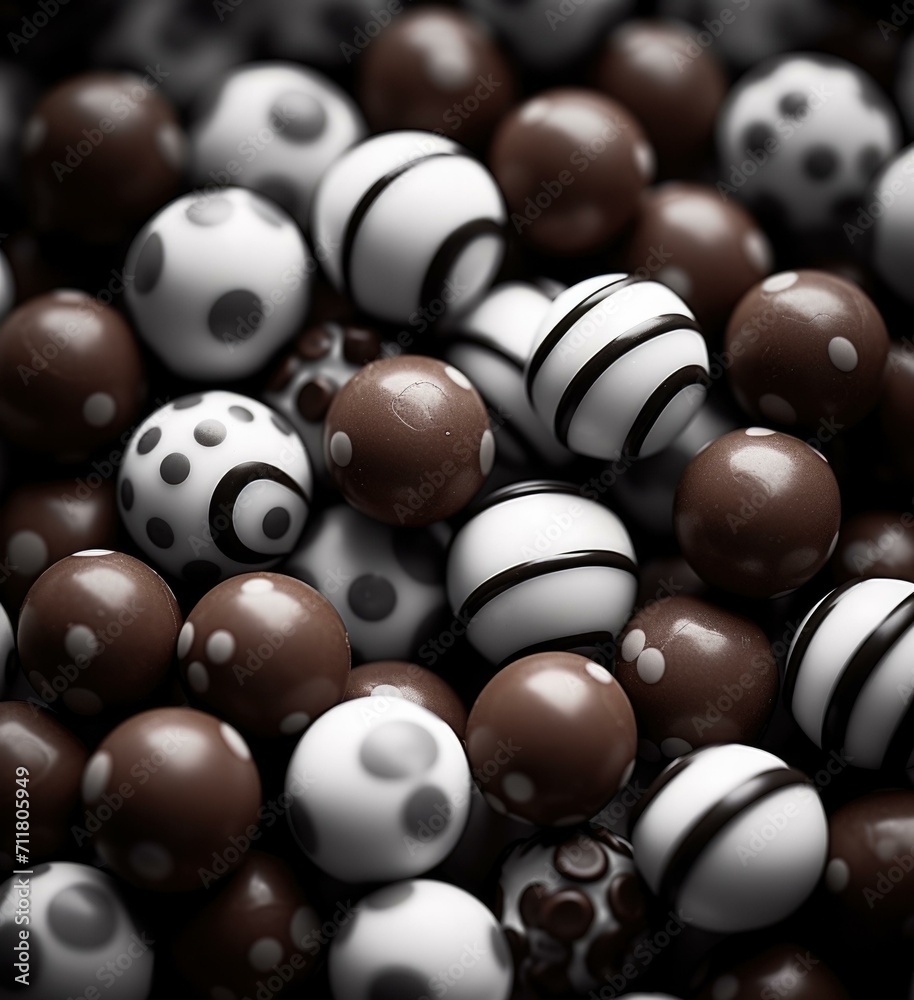 Poster A pile of chocolate balls with white and black dots. Generative AI.