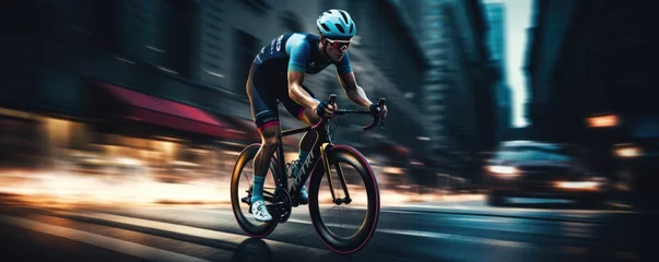 Fotobehang Amazing shot of racing road cyclist with city buildings blur. © Filip