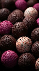 A close up of chocolate covered balls. Generative AI.