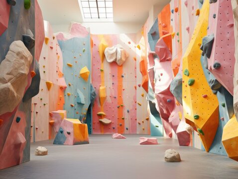A climbing wall with colorful rocks and boulders. Generative AI.