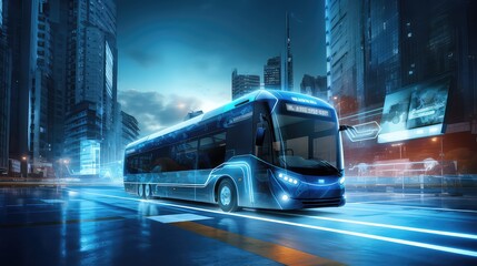 Bus on the road with high speed motion blur and modern city background