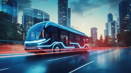Bus on the road with high speed motion blur and modern city background