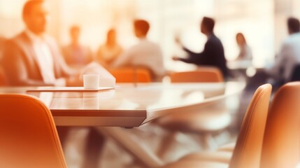 Dynamic business meeting in stylish office setting with abstract beige, brown, and orange tones. Professional collaboration at table in blurred workspace. Corporate concept