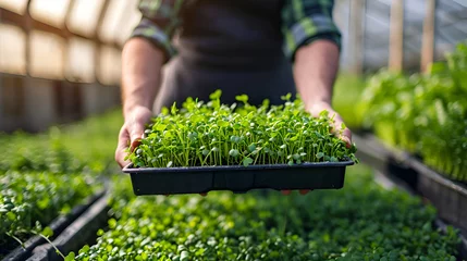 Foto op Plexiglas Green Growth: Farmer presents a tray of sprouting microgreens, symbolizing sustainable agriculture © eleonora_os