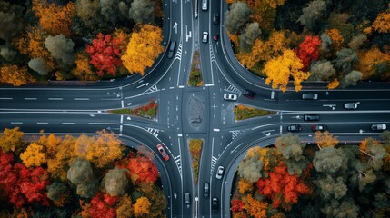 Aerial view of traffic flowing on highway surrounded by autumn foliage