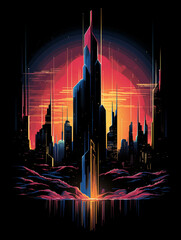 T-shirt design, a stylized, futuristic skyline filled with towering skyscrapers created with Generative Ai
