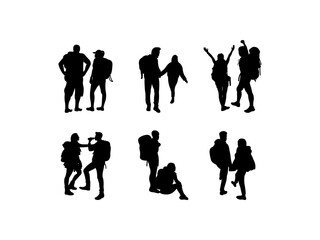 Set of Hiking Couple Silhouette in various poses isolated on white background